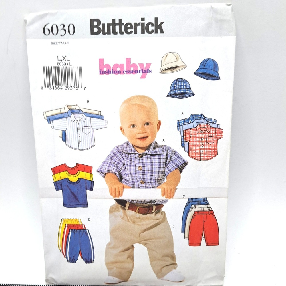 Butterick 6030 Sewing Pattern Baby Infants‎ L XL Shirt Pants Hat Vintage UNCUT